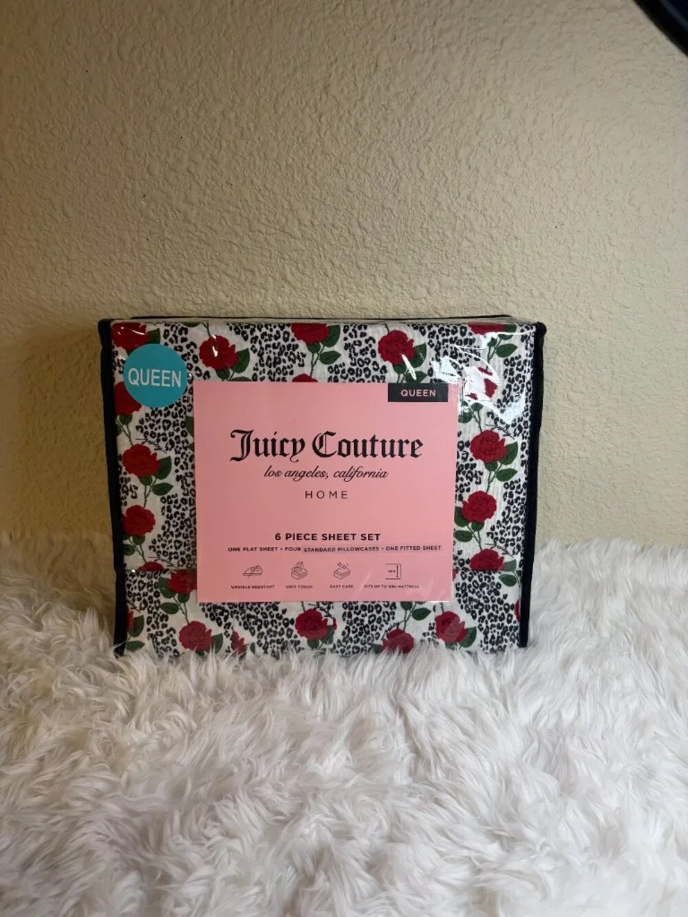 Juicy Couture Queen Sheet Set Leopard Rose 6 Pc Bedding Home Decor NWT
